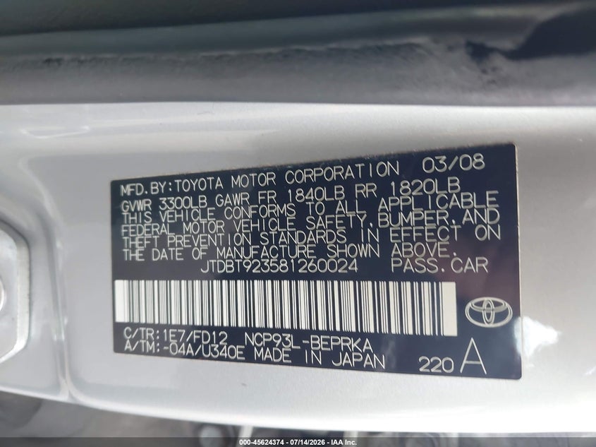 2008 Toyota Yaris VIN: JTDBT923581260024 Lot: 45624374