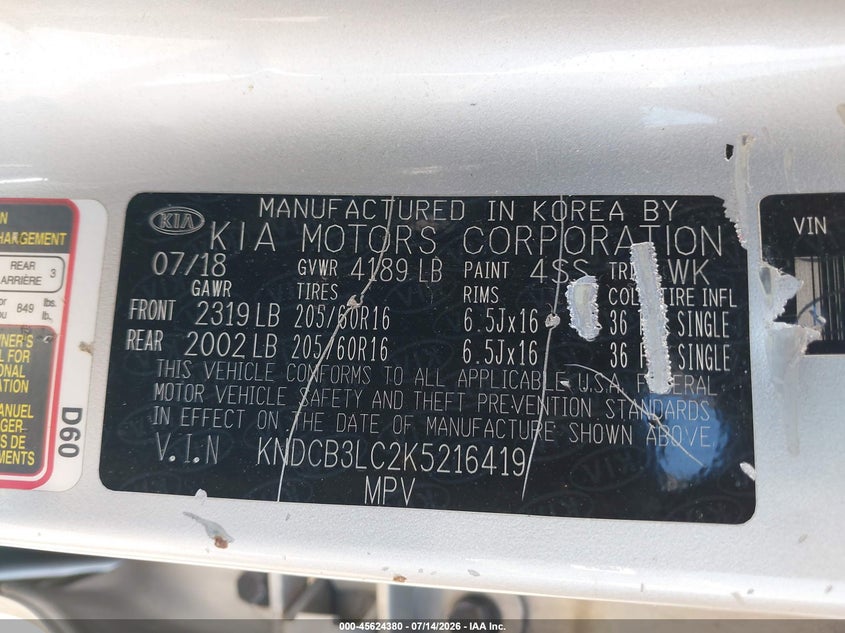 2019 Kia Niro Lx VIN: KNDCB3LC2K5216419 Lot: 45624380