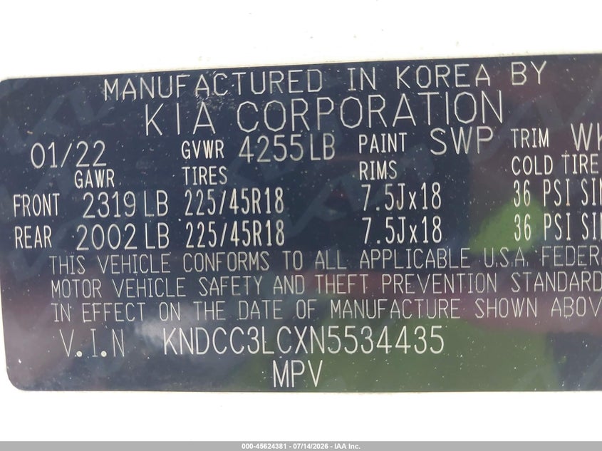 2022 Kia Niro Touring Se VIN: KNDCC3LCXN5534435 Lot: 45624381