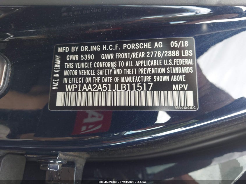 2018 Porsche Macan VIN: WP1AA2A51JLB11517 Lot: 45624385