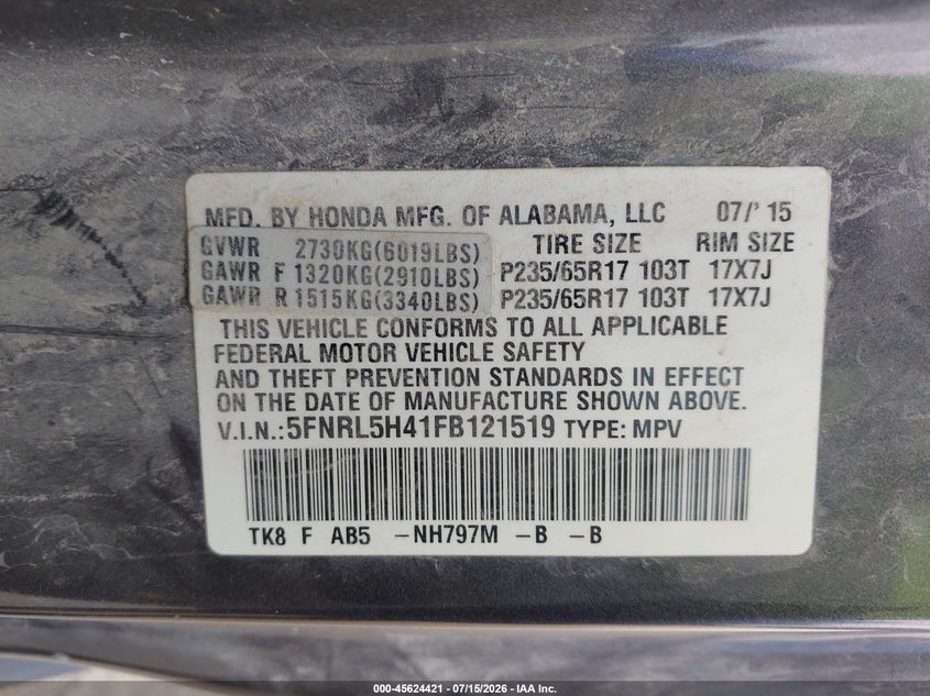 2015 Honda Odyssey Ex VIN: 5FNRL5H41FB121519 Lot: 45624421
