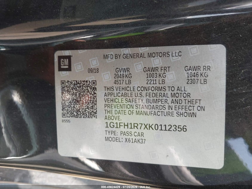 2019 Chevrolet Camaro 2Ss VIN: 1G1FH1R7XK0112356 Lot: 45624429