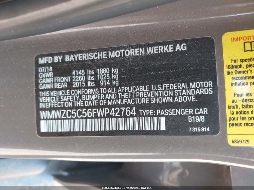 2015 Mini Countryman Cooper S VIN: WMWZC5C56FWP42764 Lot: 45624445