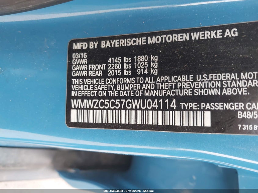 2016 Mini Countryman Cooper S VIN: WMWZC5C57GWU04114 Lot: 45624463