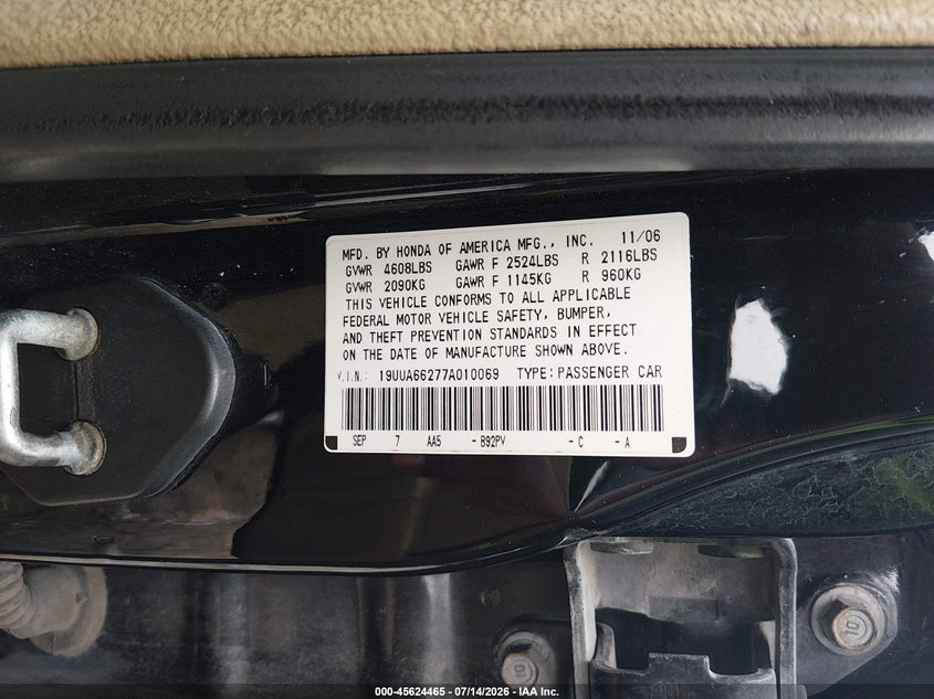 2007 Acura Tl 3.2 VIN: 19UUA66277A010069 Lot: 45624465