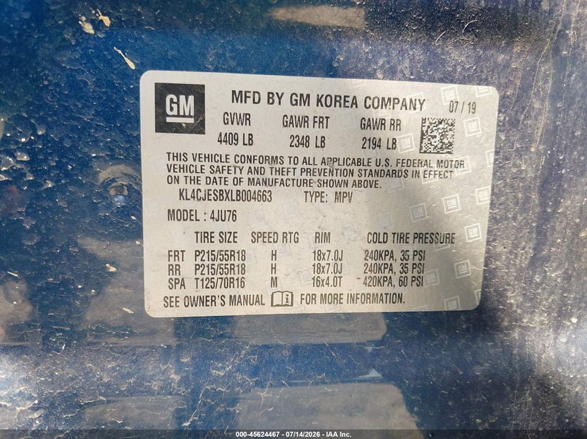 2020 Buick Encore Awd Preferred VIN: KL4CJESBXLB004663 Lot: 45624467