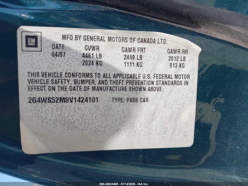 1997 Buick Century Custom VIN: 2G4WS52M8V1424101 Lot: 45624468