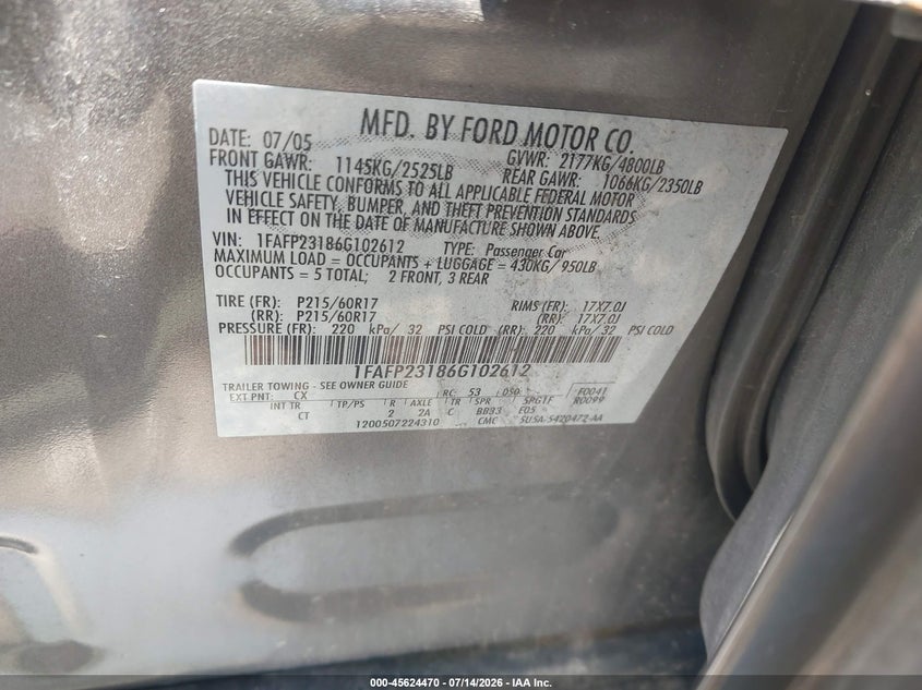 2006 Ford Five Hundred Se VIN: 1FAFP23186G102612 Lot: 45624470