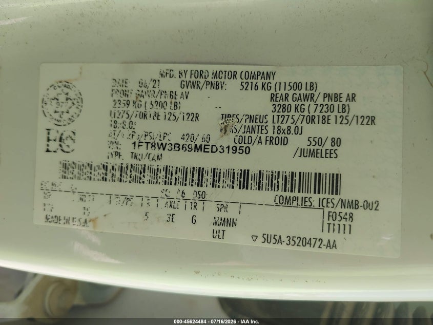 2021 Ford F-350 Xl VIN: 1FT8W3B69MED31950 Lot: 45624484