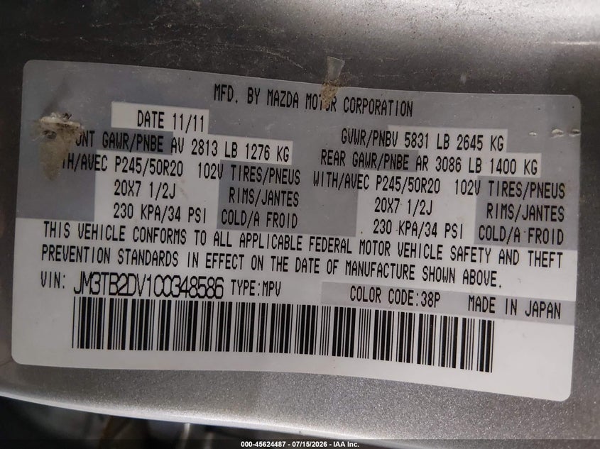 2012 Mazda Cx-9 Grand Touring VIN: JM3TB2DV1C0348586 Lot: 45624487