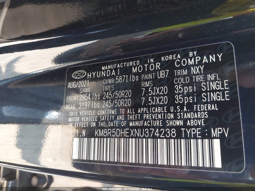 2022 Hyundai Palisade Limited VIN: KM8R5DHEXNU374238 Lot: 45624499