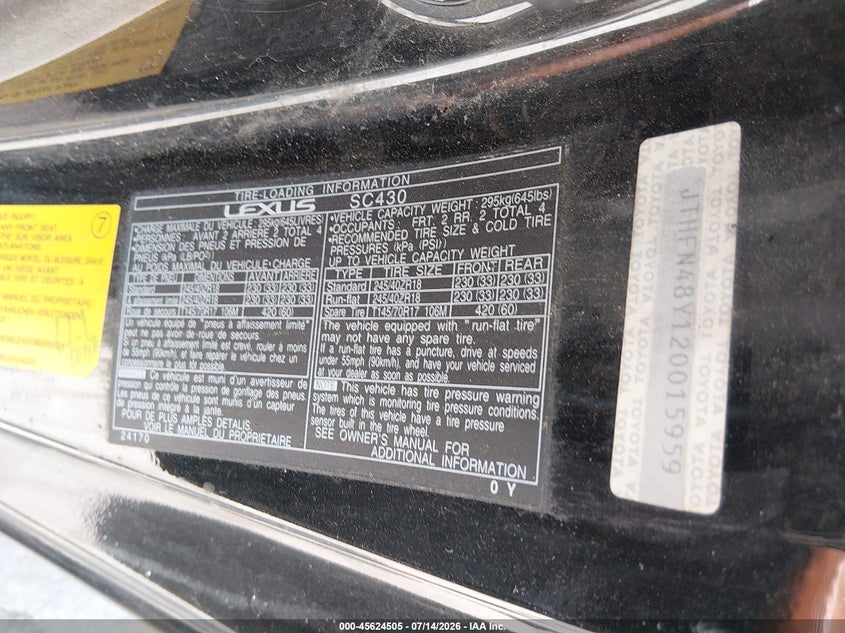 2002 Lexus Sc 430 VIN: JTHFN48Y120015959 Lot: 45624505