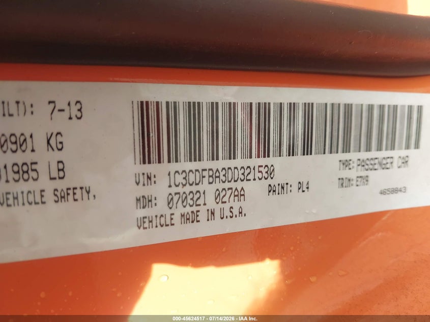 2013 Dodge Dart Sxt VIN: 1C3CDFBA3DD321530 Lot: 45624517