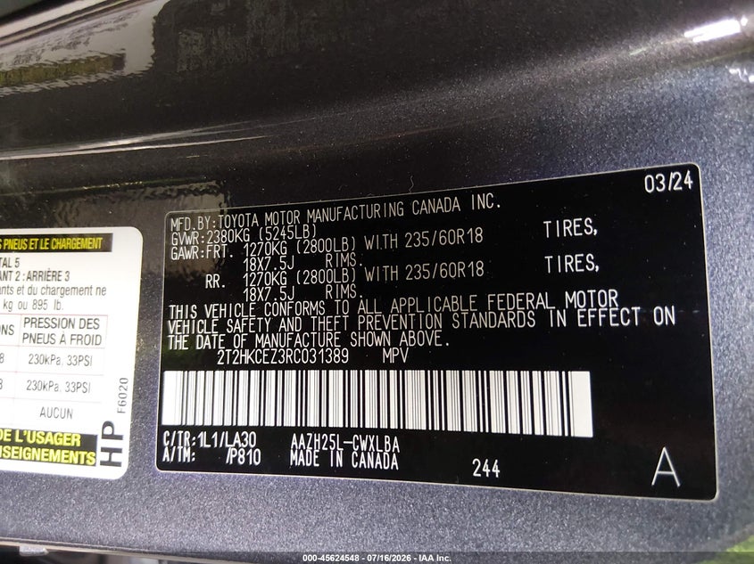 2024 Lexus Nx 350H Luxury VIN: 2T2HKCEZ3RC031389 Lot: 45624548