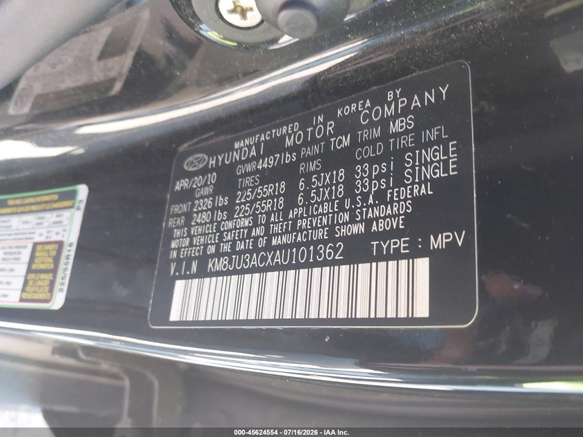 HYUNDAI TUCSON 2010 VIN KM8JU3ACXAU101362