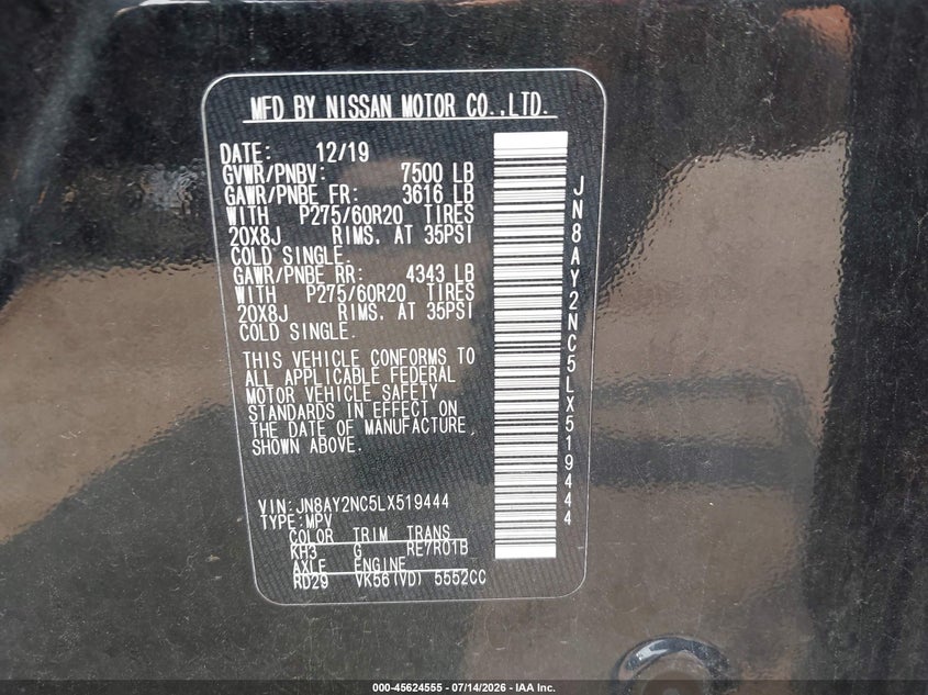 2020 Nissan Armada Sl 4Wd VIN: JN8AY2NC5LX519444 Lot: 45624555