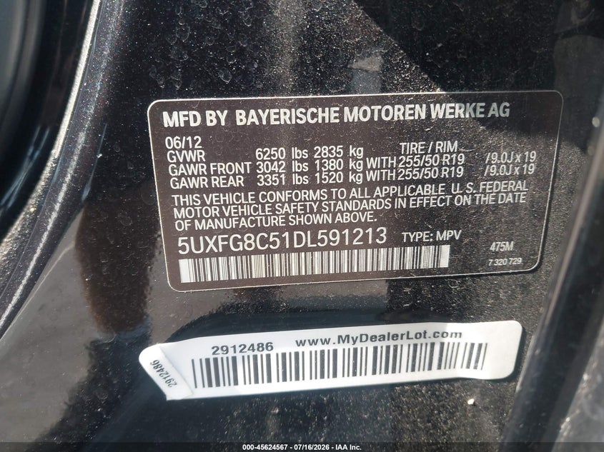 2013 BMW X6 xDrive50I VIN: 5UXFG8C51DL591213 Lot: 45624567