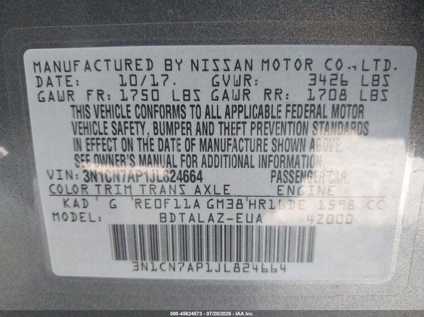 2018 Nissan Versa 1.6 S+ VIN: 3N1CN7AP1JL824664 Lot: 45624573