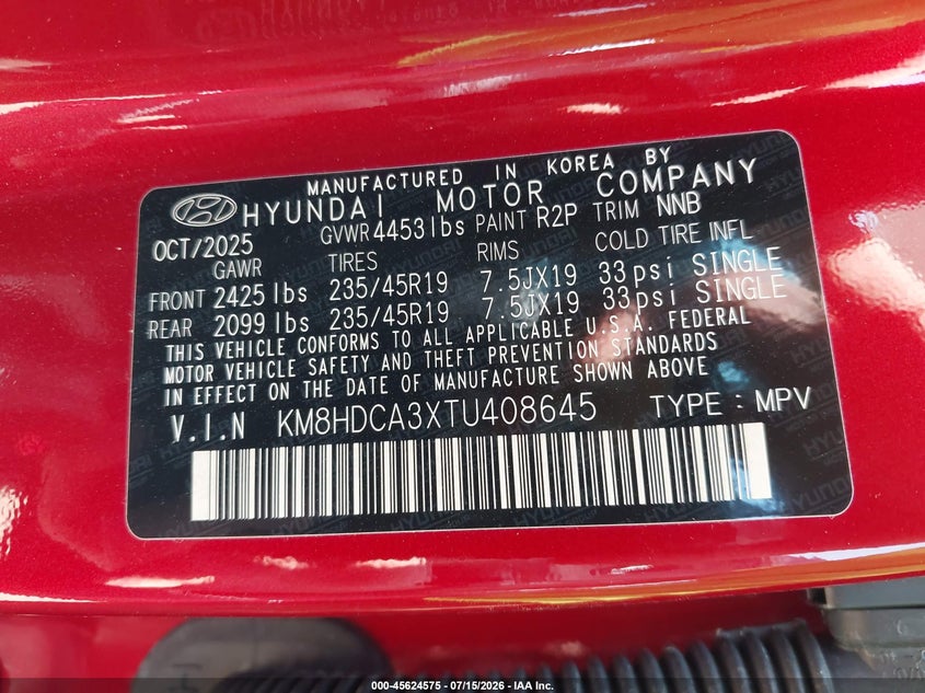 2026 Hyundai Kona Sel Premium VIN: KM8HDCA3XTU408645 Lot: 45624575
