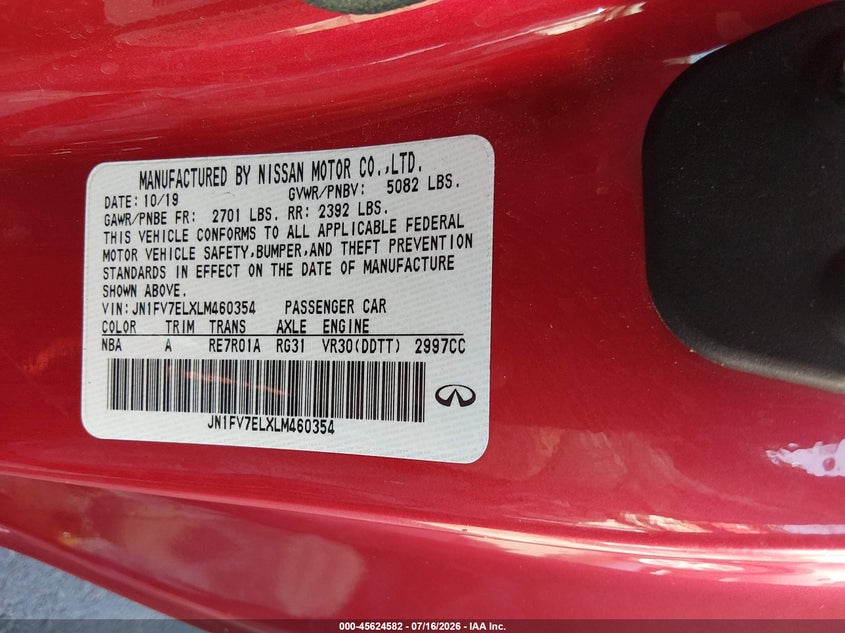 2020 Infiniti Q60 Red Sport 400 Awd VIN: JN1FV7ELXLM460354 Lot: 45624582