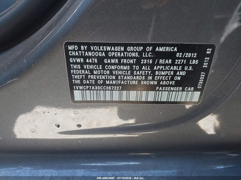 2012 Volkswagen Passat 2.5L Sel VIN: 1VWCP7A30CC057227 Lot: 45624587