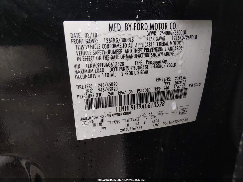 2010 Lincoln Mks Ecoboost VIN: 1LNHL9FT9AG613528 Lot: 45624595
