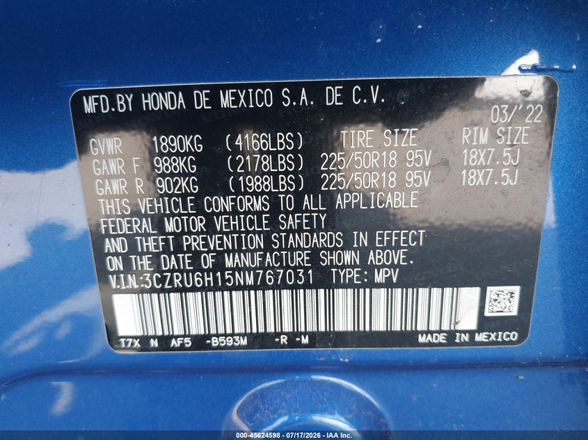 2022 Honda Hr-V Awd Sport VIN: 3CZRU6H15NM767031 Lot: 45624598