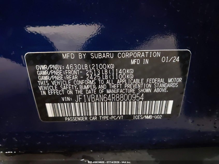 2024 Subaru Wrx Limited VIN: JF1VBAN64R8800954 Lot: 45624608