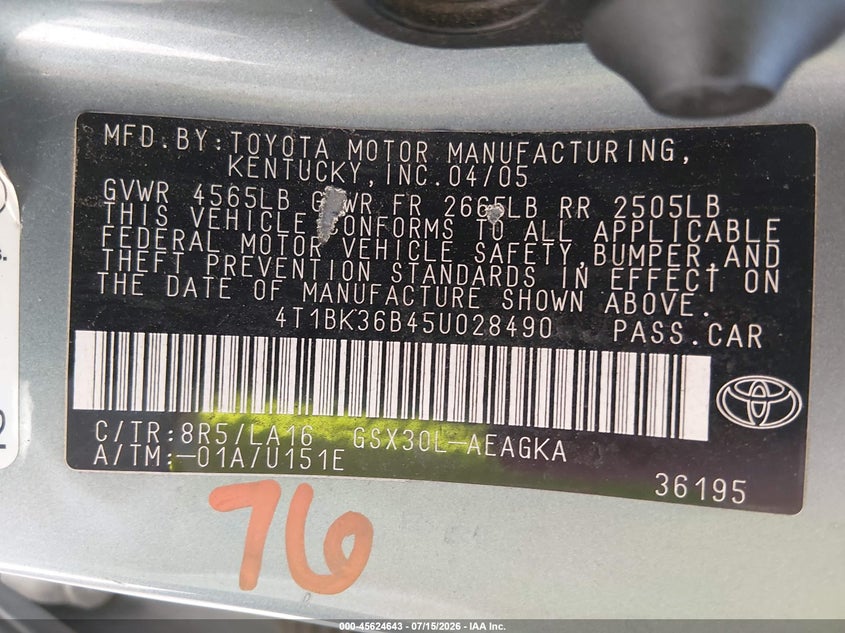 2005 Toyota Avalon Xls VIN: 4T1BK36B45U028490 Lot: 45624643