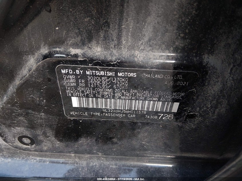 2021 Mitsubishi Mirage Carbonite Edition/Es/Le VIN: ML32AUHJ5MH011578 Lot: 45624664