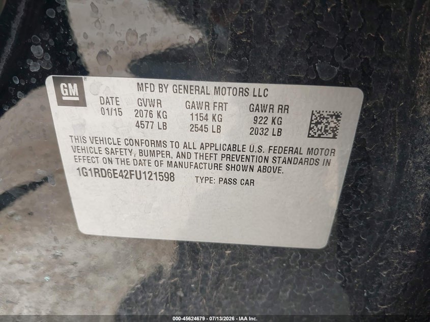 2015 Chevrolet Volt VIN: 1G1RD6E42FU121598 Lot: 45624679