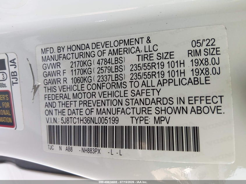 2022 Acura Rdx Standard VIN: 5J8TC1H36NL005199 Lot: 45624688