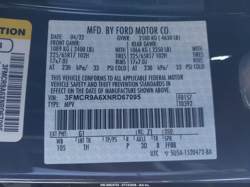 2022 Ford Bronco Sport VIN: 3FMCR9A6XNRD67095 Lot: 45624703