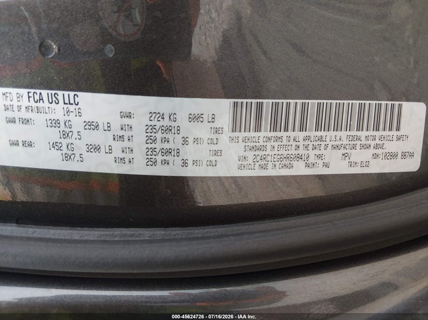 2017 Chrysler Pacifica Touring-L Plus VIN: 2C4RC1EG6HR608410 Lot: 45624726