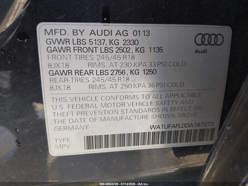 2013 Audi Allroad 2.0T Premium Plus VIN: WA1UFAFL0DA187273 Lot: 45624749