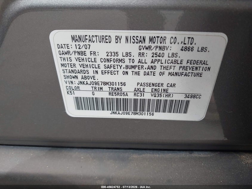 2008 Infiniti Ex35 Journey VIN: JNKAJ09E78M301156 Lot: 45624752