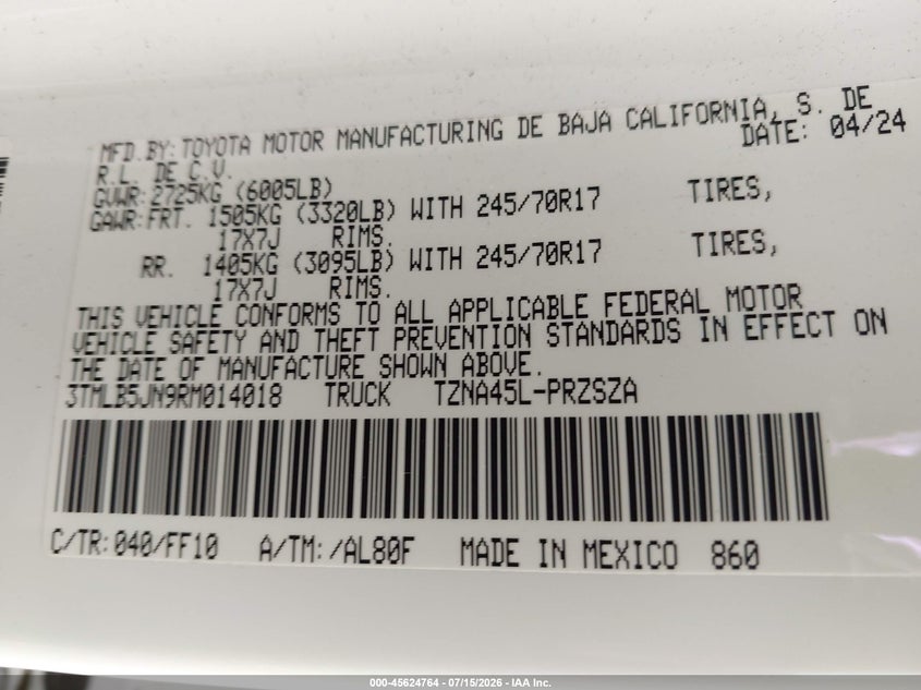 2024 Toyota Tacoma Sr5 VIN: 3TMLB5JN9RM014018 Lot: 45624764