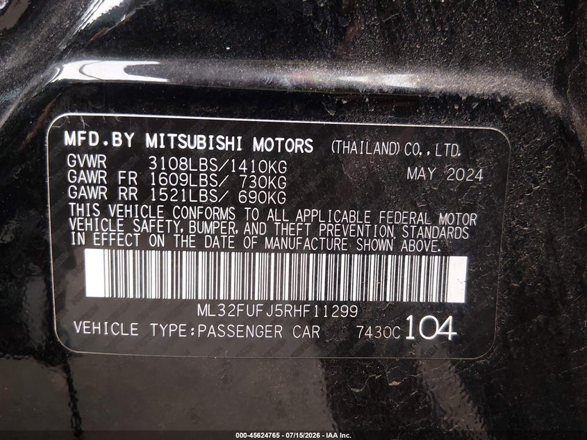 2024 Mitsubishi Mirage G4 Black Edition/Es/Le VIN: ML32FUFJ5RHF11299 Lot: 45624765