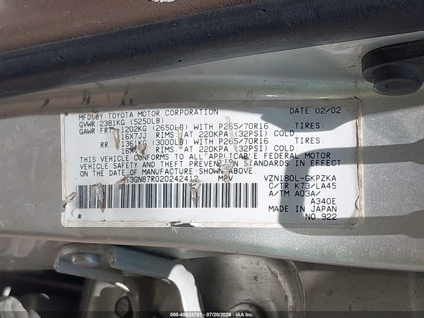 2002 Toyota 4Runner Limited V6 VIN: JT3GN87R020242412 Lot: 45624791