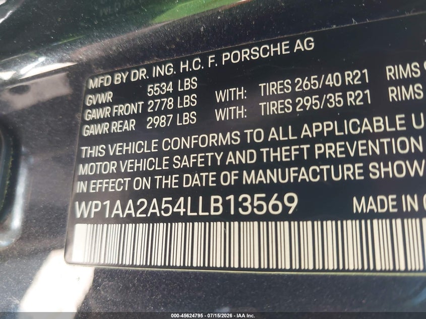2020 Porsche Macan VIN: WP1AA2A54LLB13569 Lot: 45624795