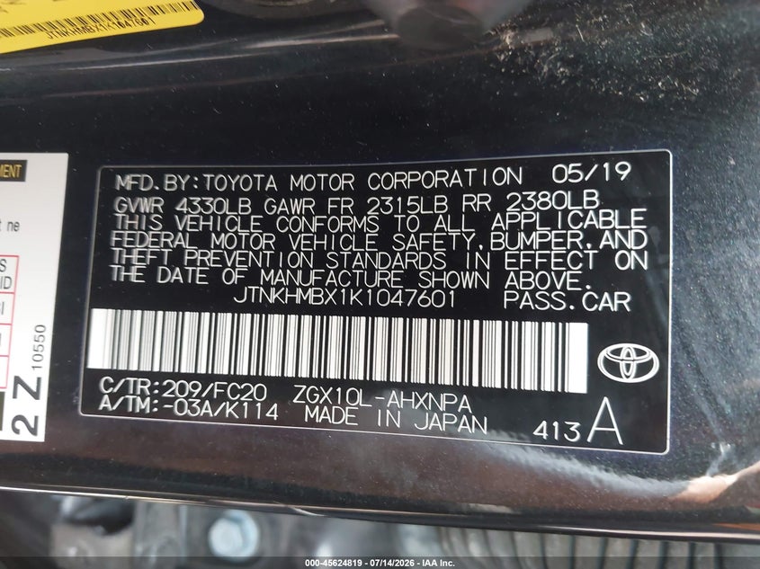 2019 Toyota C-Hr Le VIN: JTNKHMBX1K1047601 Lot: 45624819