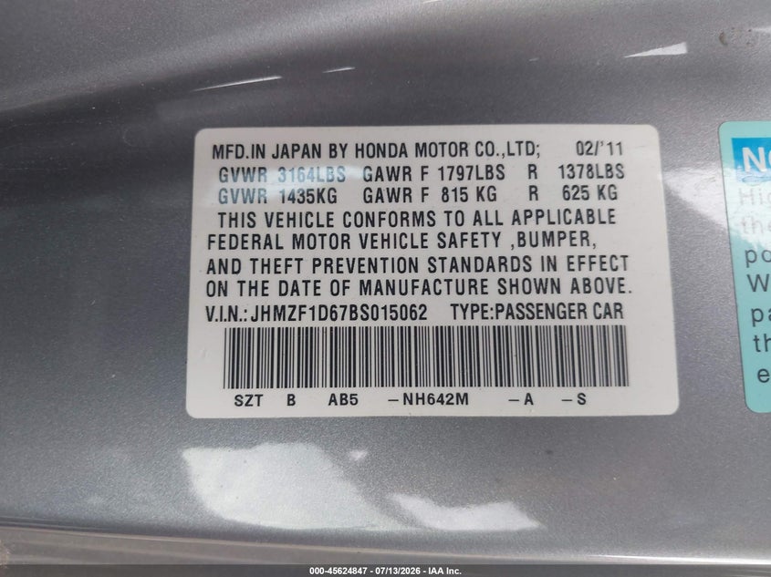 2011 Honda Cr-Z Ex VIN: JHMZF1D67BS015062 Lot: 45624847