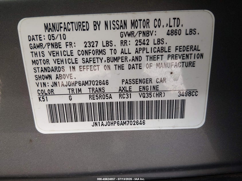 2010 Infiniti Ex35 Journey VIN: JN1AJ0HP6AM702646 Lot: 45624857