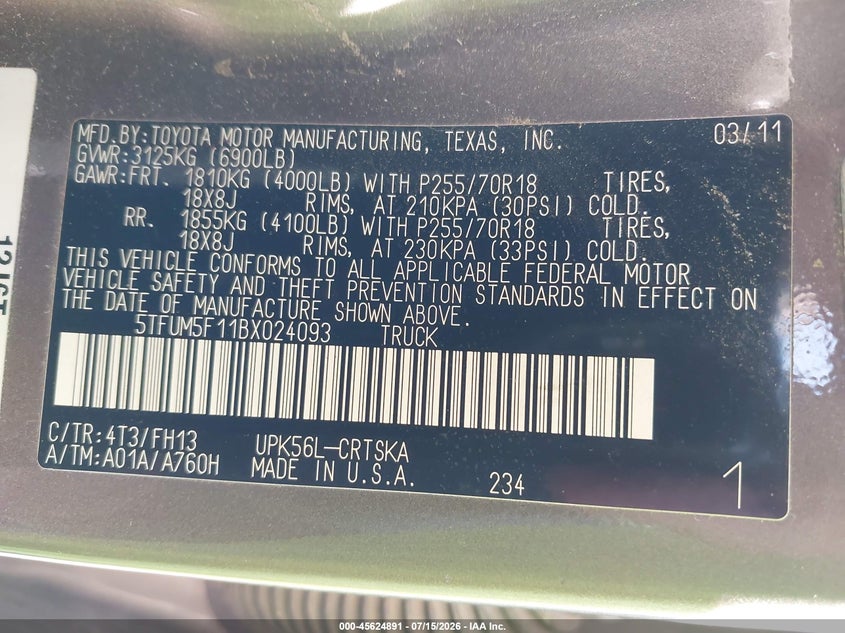 2011 Toyota Tundra Grade 4.6L V8 VIN: 5TFUM5F11BX024093 Lot: 45624891