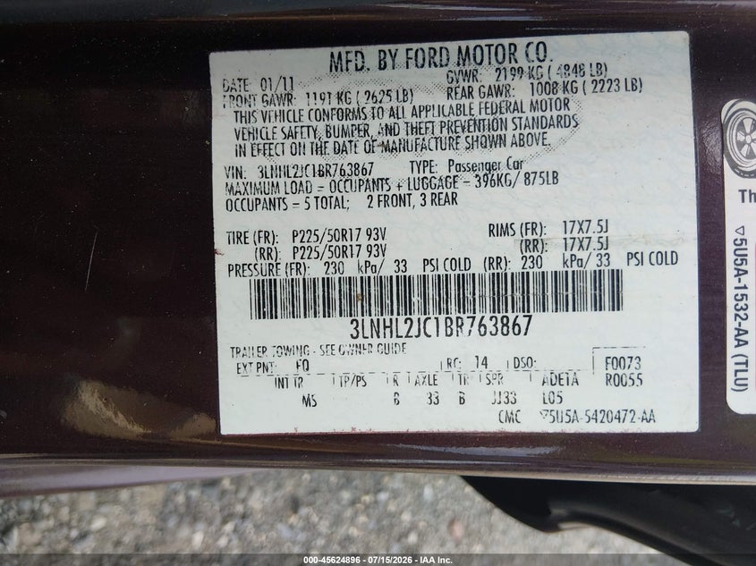 2011 Lincoln Mkz VIN: 3LNHL2JC1BR763867 Lot: 45624896