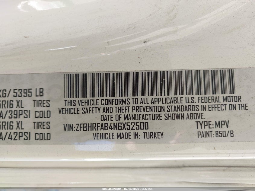2022 Ram Promaster City Cargo Van VIN: ZFBHRFAB4N6X52500 Lot: 45624901