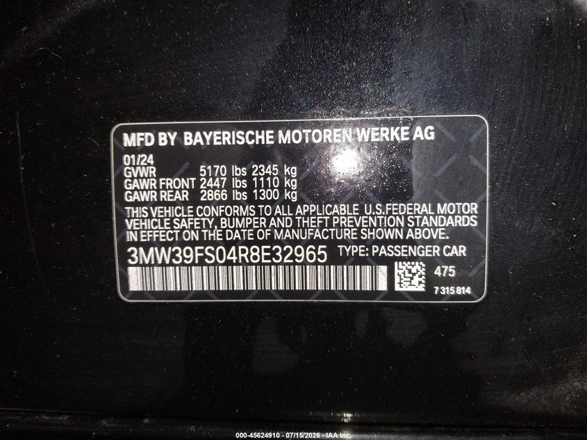 2024 BMW 330E xDrive VIN: 3MW39FS04R8E32965 Lot: 45624910