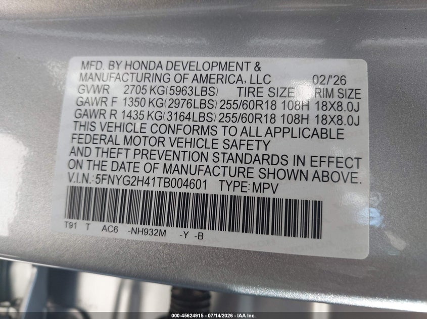 2026 Honda Pilot Ex-L VIN: 5FNYG2H41TB004601 Lot: 45624915