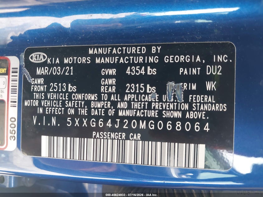 2021 Kia K5 Gt-Line VIN: 5XXG64J20MG068064 Lot: 45624933
