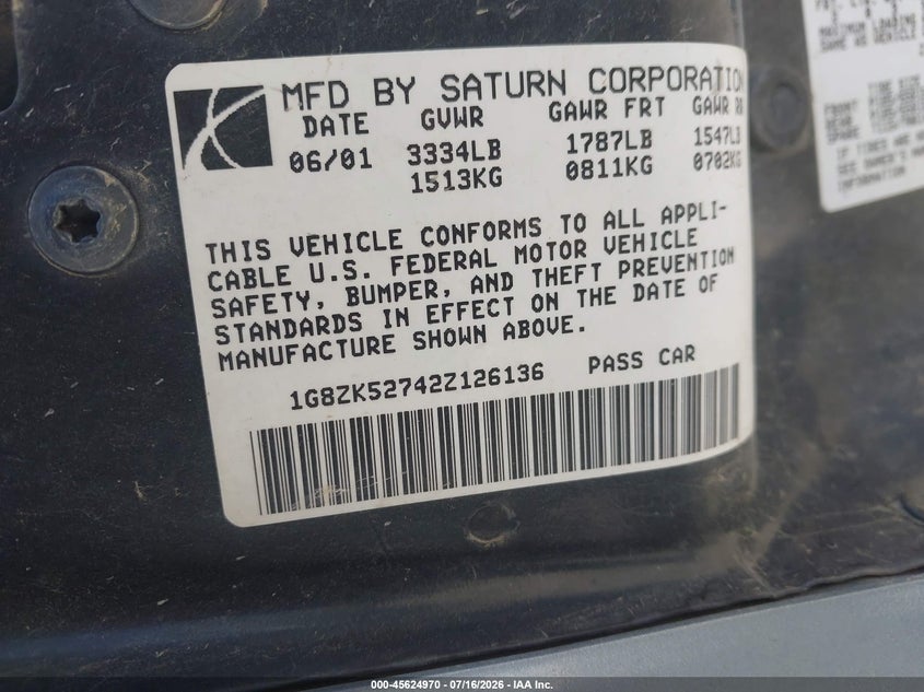 2002 Saturn S-Series Sl2 VIN: 1G8ZK52742Z126136 Lot: 45624970